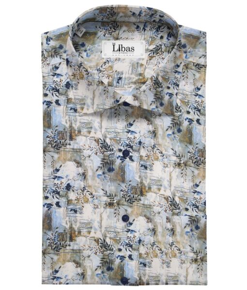 Nemesis White & Blue Multi Color 100% Egyptian Giza Cotton Digital Floral Print Shirt Fabric (1.60 M)