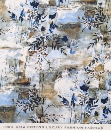 Nemesis White & Blue Multi Color 100% Egyptian Giza Cotton Digital Floral Print Shirt Fabric (1.60 M)