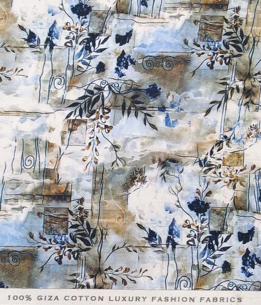 Nemesis White & Blue Multi Color 100% Egyptian Giza Cotton Digital Floral Print Shirt Fabric (1.60 M)