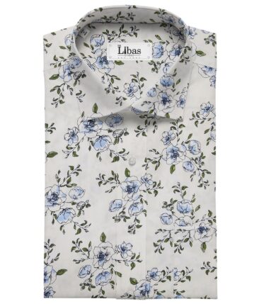 Nemesis White 100% Egyptian Giza Cotton Green & Blue Floral Printed Shirt Fabric (1.60 M)