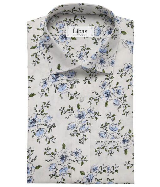 Nemesis White 100% Egyptian Giza Cotton Green & Blue Floral Printed Shirt Fabric (1.60 M)