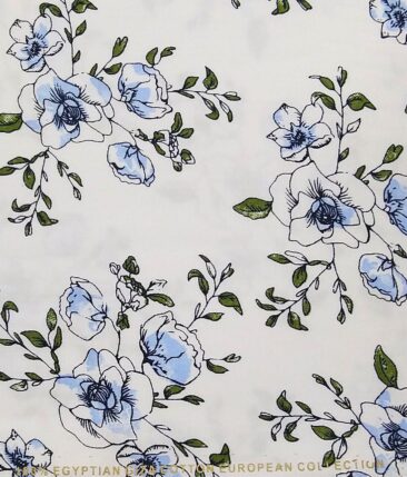 Nemesis White 100% Egyptian Giza Cotton Green & Blue Floral Printed Shirt Fabric (1.60 M)