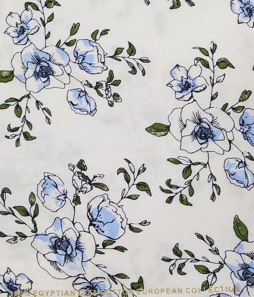 Nemesis White 100% Egyptian Giza Cotton Green & Blue Floral Printed Shirt Fabric (1.60 M)