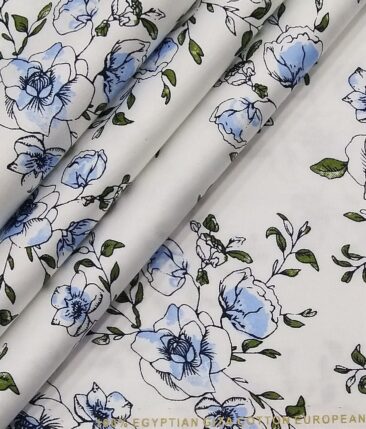 Nemesis White 100% Egyptian Giza Cotton Green & Blue Floral Printed Shirt Fabric (1.60 M)