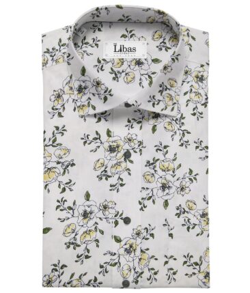 Nemesis White 100% Egyptian Giza Cotton Green & Yellow Floral Printed Shirt Fabric (1.60 M)