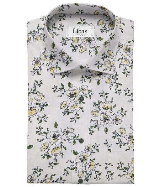 Nemesis White 100% Egyptian Giza Cotton Green & Yellow Floral Printed Shirt Fabric (1.60 M)