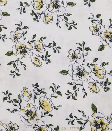 Nemesis White 100% Egyptian Giza Cotton Green & Yellow Floral Printed Shirt Fabric (1.60 M)
