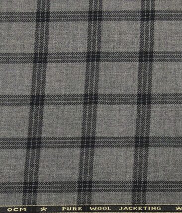OCM Grey & Black Checks 100% Pure Merino Wool Thick Tweed Jacketing & Blazer Fabric (Unstitched - 2 Mtr)