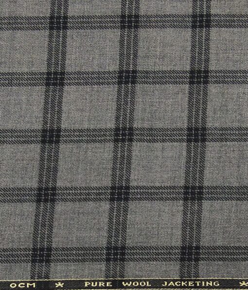 OCM Grey & Black Checks 100% Pure Merino Wool Thick Tweed Jacketing & Blazer Fabric (Unstitched - 2 Mtr)