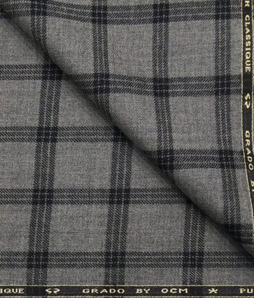 OCM Grey & Black Checks 100% Pure Merino Wool Thick Tweed Jacketing & Blazer Fabric (Unstitched - 2 Mtr)