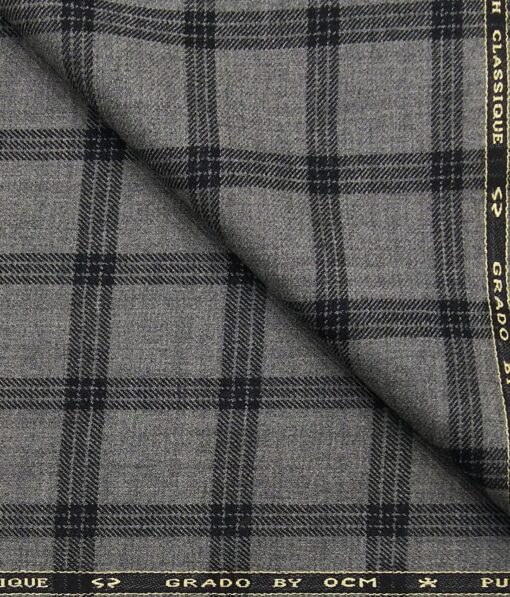 OCM Grey & Black Checks 100% Pure Merino Wool Thick Tweed Jacketing & Blazer Fabric (Unstitched - 2 Mtr)