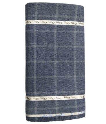 OCM Medium Blue Self Checks 100% Pure Merino Wool Thick Tweed Jacketing & Blazer Fabric (Unstitched - 2 Mtr)