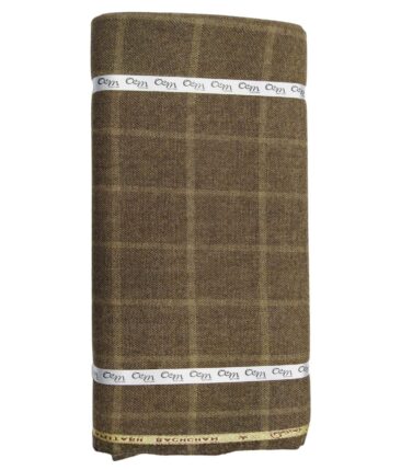 OCM Medium Brown Self Checks 100% Pure Merino Wool Thick Tweed Jacketing & Blazer Fabric (Unstitched - 2 Mtr)
