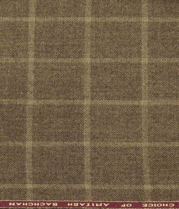 OCM Medium Brown Self Checks 100% Pure Merino Wool Thick Tweed Jacketing & Blazer Fabric (Unstitched - 2 Mtr)