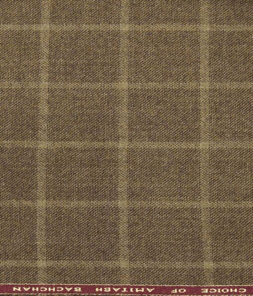 OCM Medium Brown Self Checks 100% Pure Merino Wool Thick Tweed Jacketing & Blazer Fabric (Unstitched - 2 Mtr)