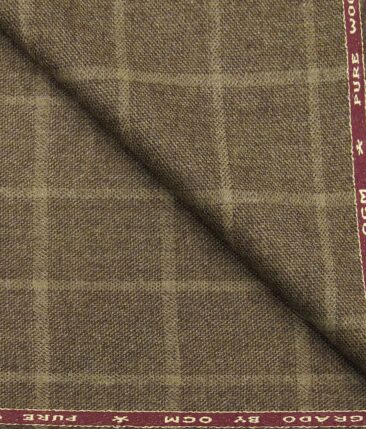 OCM Medium Brown Self Checks 100% Pure Merino Wool Thick Tweed Jacketing & Blazer Fabric (Unstitched - 2 Mtr)