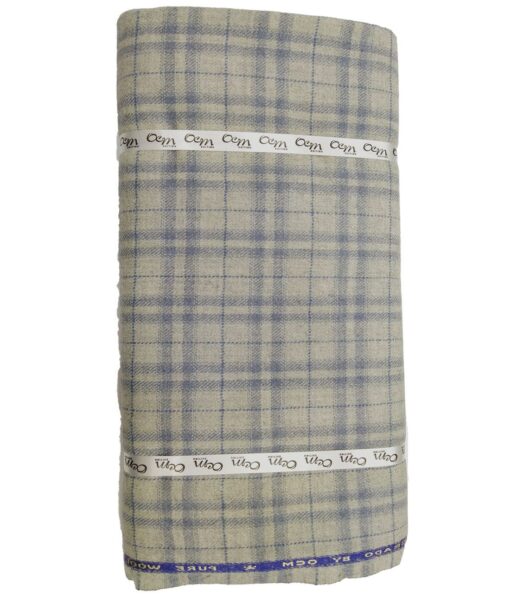 OCM Light Pistachious Grey & Blue Checks 100% Pure Merino Wool Tweed Jacketing & Blazer Fabric (Unstitched - 2 Mtr)