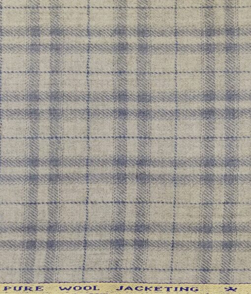 OCM Light Pistachious Grey & Blue Checks 100% Pure Merino Wool Tweed Jacketing & Blazer Fabric (Unstitched - 2 Mtr)