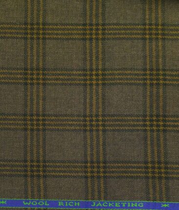 OCM Brown & Yellow Checks 65% Merino Wool Thick Tweed Jacketing & Blazer Fabric (Unstitched - 2 Mtr)