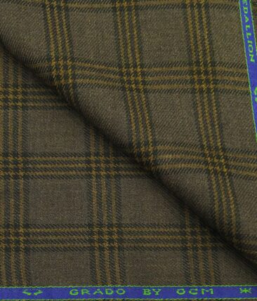OCM Brown & Yellow Checks 65% Merino Wool Thick Tweed Jacketing & Blazer Fabric (Unstitched - 2 Mtr)