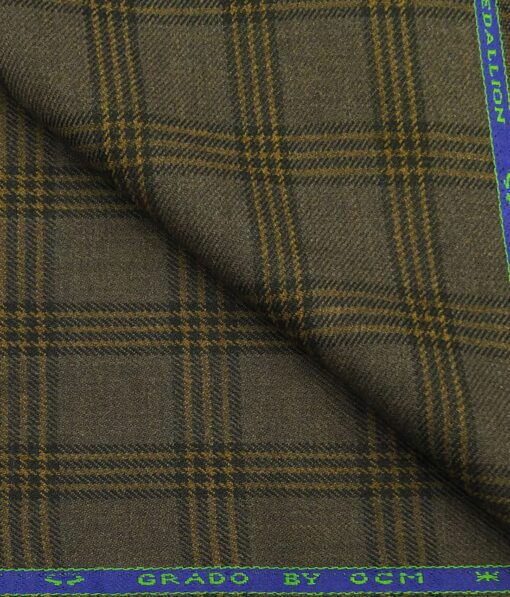 OCM Brown & Yellow Checks 65% Merino Wool Thick Tweed Jacketing & Blazer Fabric (Unstitched - 2 Mtr)