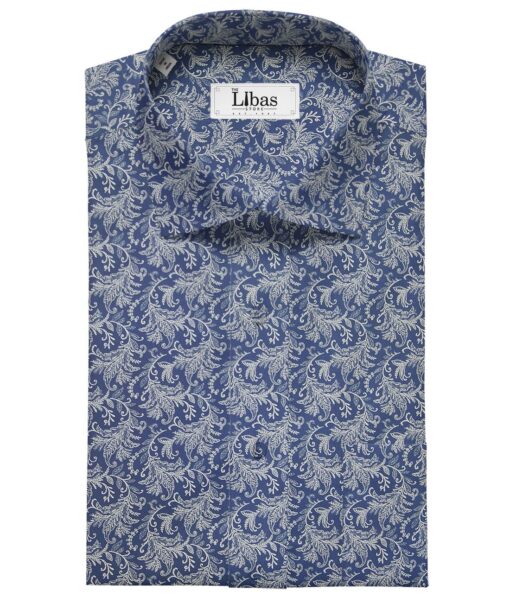 Raymond Dark Royal Blue 100% Giza Cotton White Floral Print Shirt Fabric (1.60 M)