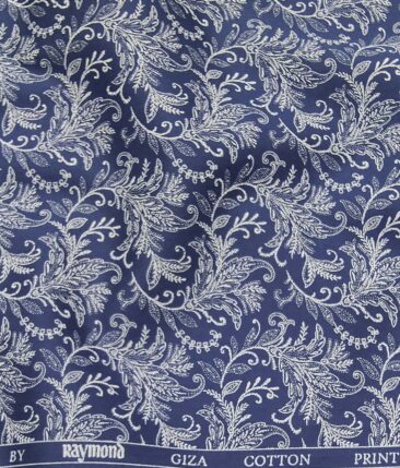 Raymond Dark Royal Blue 100% Giza Cotton White Floral Print Shirt Fabric (1.60 M)
