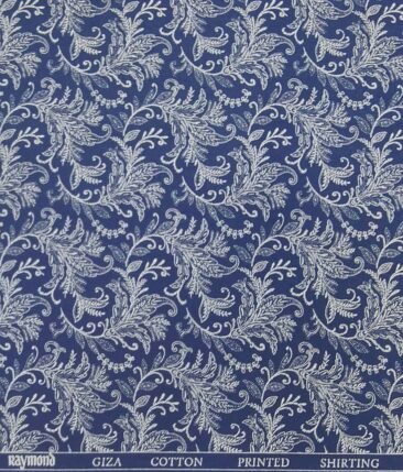 Raymond Dark Royal Blue 100% Giza Cotton White Floral Print Shirt Fabric (1.60 M)