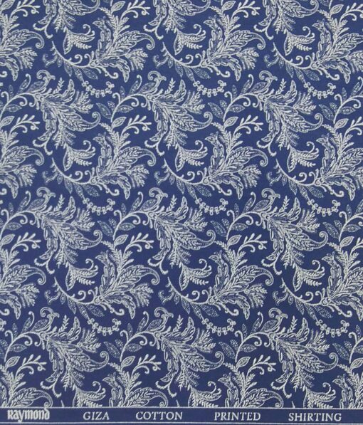 Raymond Dark Royal Blue 100% Giza Cotton White Floral Print Shirt Fabric (1.60 M)