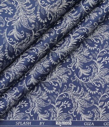 Raymond Dark Royal Blue 100% Giza Cotton White Floral Print Shirt Fabric (1.60 M)