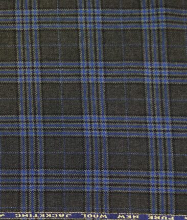 Raymond Grey & Firozi Blue Checks 100% Pure Wool Thick Tweed Jacketing & Blazer Fabric (Unstitched - 2.20 Mtr)