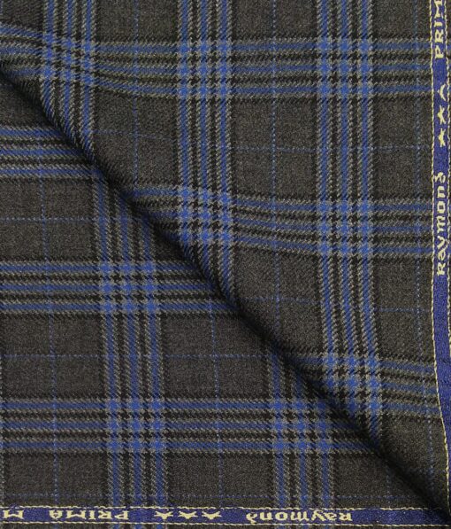 Raymond Grey & Firozi Blue Checks 100% Pure Wool Thick Tweed Jacketing & Blazer Fabric (Unstitched - 2.20 Mtr)