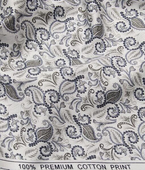 True Value White 100% Premium Cotton Blue Floral Print Shirt Fabric (1.60 M)