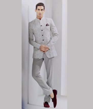 Don & Julio Light Silver Grey Damask Self Jacquard Unstitched Terry Rayon Bandhgala or Blazer Fabric