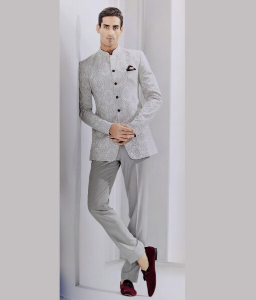 Don & Julio Light Silver Grey Damask Self Jacquard Unstitched Terry Rayon Bandhgala or Blazer Fabric