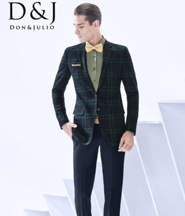 Don & Julio Dark Navy Blue & Green Broad Checks Unstitched Thick Terry Rayon Blazer Fabric