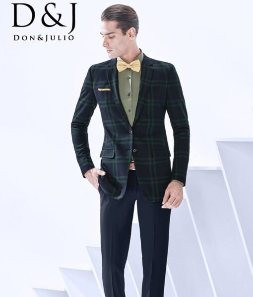 Don & Julio Dark Navy Blue & Green Broad Checks Unstitched Thick Terry Rayon Blazer Fabric