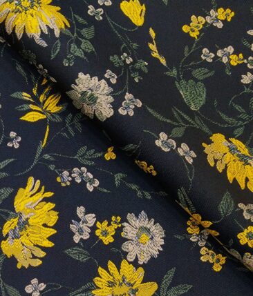 Nemesis Dark Blue & Multicolor Floral Jacquard Unstitched Terry Rayon Blazer or Bandhgala Fabric