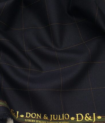 Don & Julio Dark Navy Blue & Brown Checks Unstitched Terry Rayon Suiting Fabric