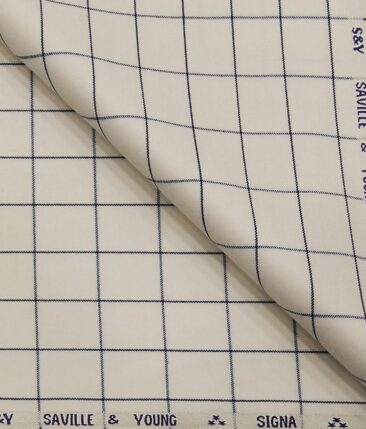 Saville & Young Cream & Blue Broad Checks Super 110's 20% Merino Wool Suiting Fabric