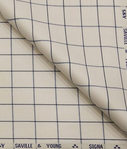 Saville & Young Cream & Blue Broad Checks Super 110's 20% Merino Wool Suiting Fabric
