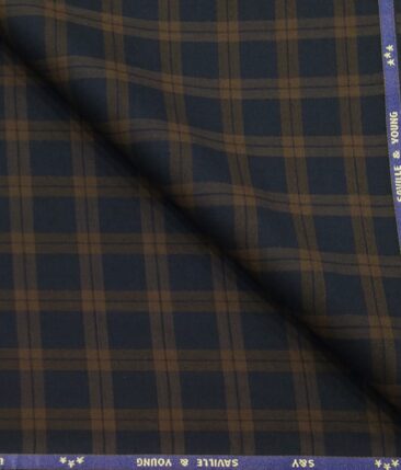 Saville & Young Dark Blue & Brown Broad Checks Super 110's 20% Merino Wool Suiting Fabric