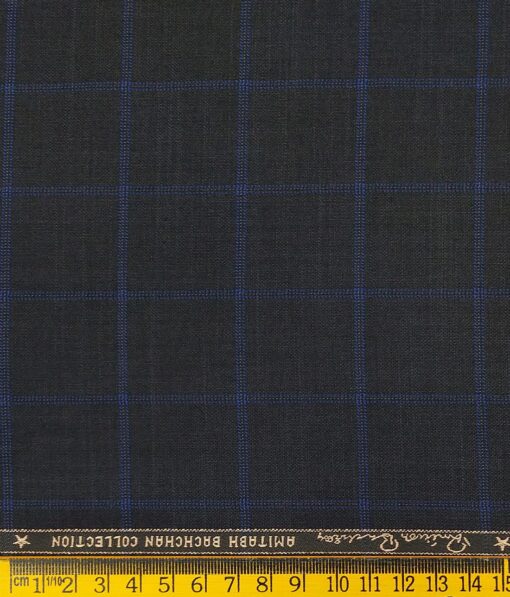 Grado by Grasim Dark Grey Polyester Viscose Blue Broad Checks Unstitched Suiting Fabric