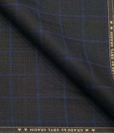 Grado by Grasim Dark Grey Polyester Viscose Blue Broad Checks Unstitched Suiting Fabric
