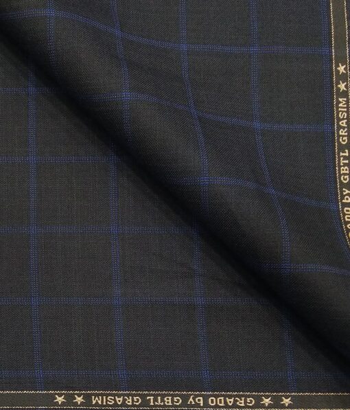 Grado by Grasim Dark Grey Polyester Viscose Blue Broad Checks Unstitched Suiting Fabric