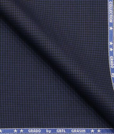 Grado by Grasim Dark Blue Polyester Viscose Black Micro Checks Unstitched Suiting Fabric
