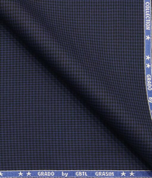 Grado by Grasim Dark Blue Polyester Viscose Black Micro Checks Unstitched Suiting Fabric