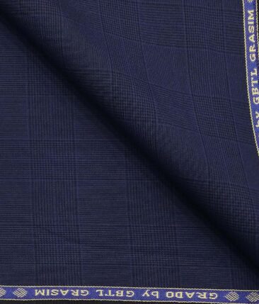 Grado by Grasim Dark Royal Blue Polyester Viscose Self Checks Unstitched Suiting Fabric