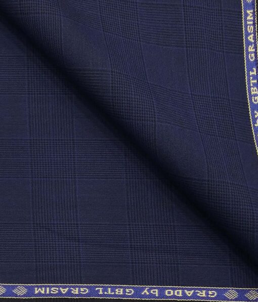 Grado by Grasim Dark Royal Blue Polyester Viscose Self Checks Unstitched Suiting Fabric