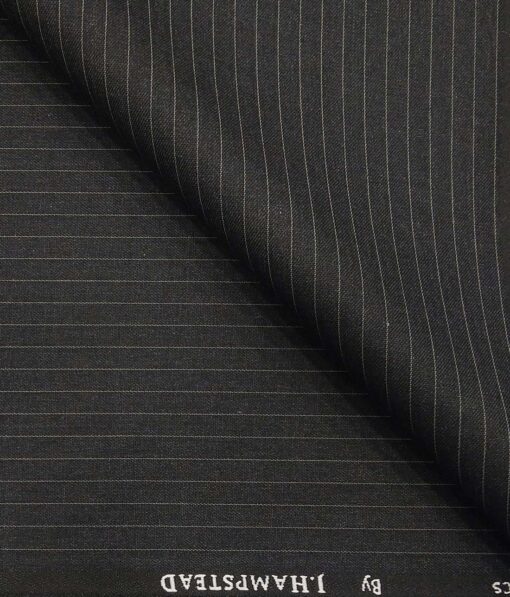 J.Hamsptead by Siyaram's Dark Grey Polyester Viscose White Stripes Unstitched Suiting Fabric